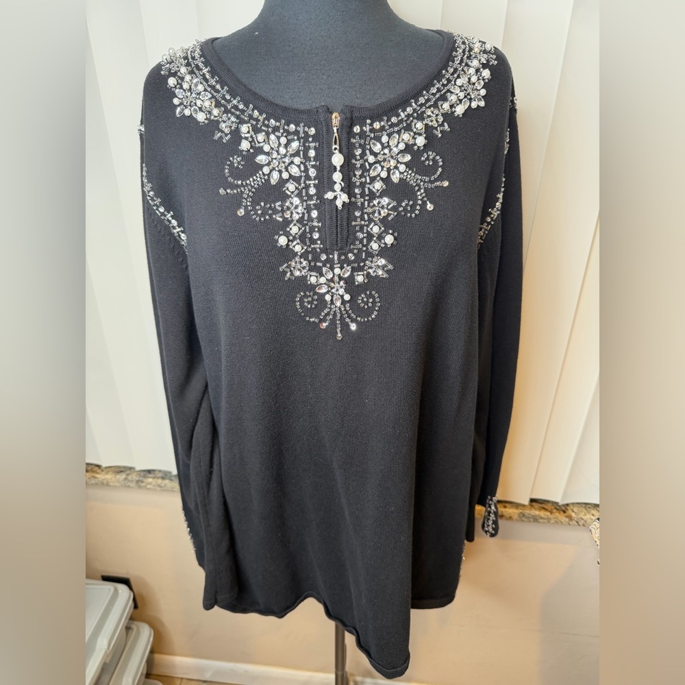 Quacker Factory black 1/4 zip sweater jewel, beaded, rhinestone accents Size 1X